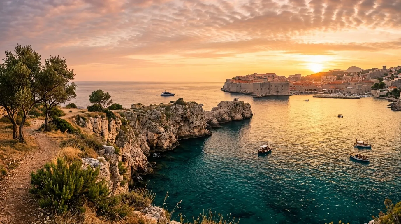 Panoramski pogled na mediteransku obalu pri zalasku sunca